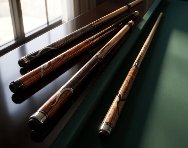 Billiard cues on a table